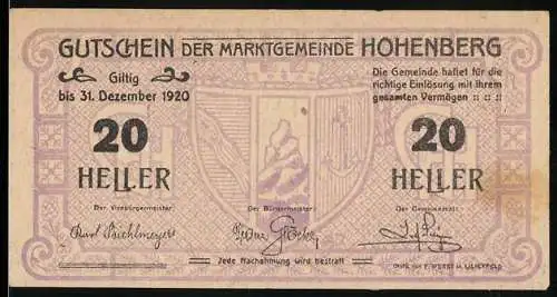 Notgeld Hohenberg 1920, 20 Heller, Wappen der Marktgemeinde mit Unterschriften