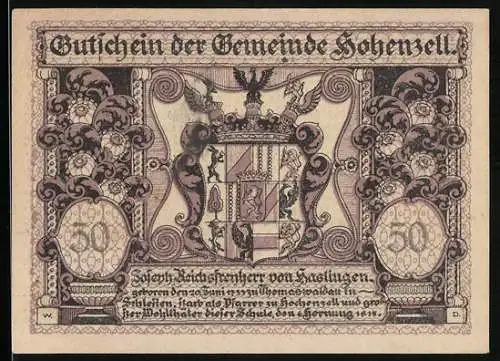 Notgeld Hohenzell 1920, 50 Heller, Wappen und Landschaftsmotiv mit Bäumen und Gebäuden