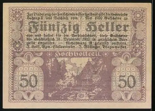 Notgeld Hohenzell 1920, 50 Heller, Wappen und Landschaftsmotiv mit Bäumen und Gebäuden