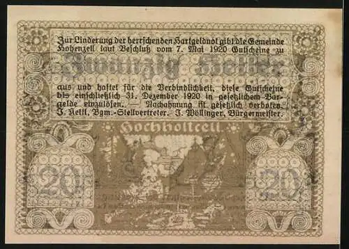 Notgeld Hohenzell 1920, 20 Heller, Wappen und kunstvolles Ornamentdesign
