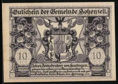 Notgeld Hohenzell 1920, 10 Heller, Wappen und Landschaftsmotiv, Seriennummer vorhanden