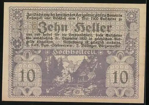 Notgeld Hohenzell 1920, 10 Heller, Wappen und Landschaftsmotiv, Seriennummer vorhanden