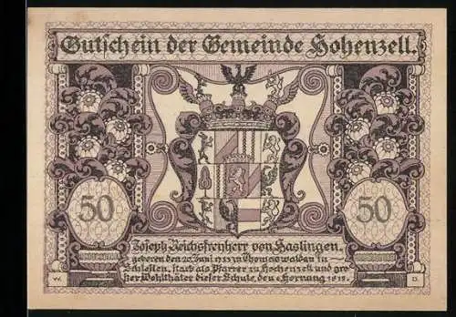 Notgeld Hohenzell 1920, 50 Pfennig, Wappen und florales Muster, Landschaft mit Dorfansicht