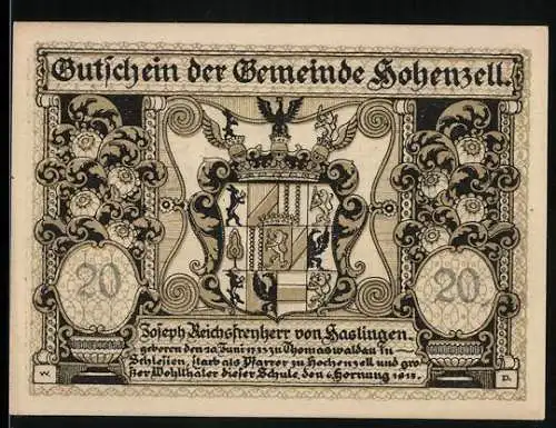 Notgeld Hohenzell 1920, 20 Heller, Wappen und Landschaftsmotiv