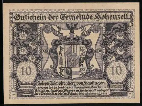 Notgeld Hohenzell 1920, 10 Heller, Wappen und Landschaftsmotiv mit Hütte und Bäumen