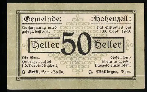 Notgeld Hohenzell 1920, 50 Heller, Gutschein der Gemeinde zur Linderung der Geldknappheit