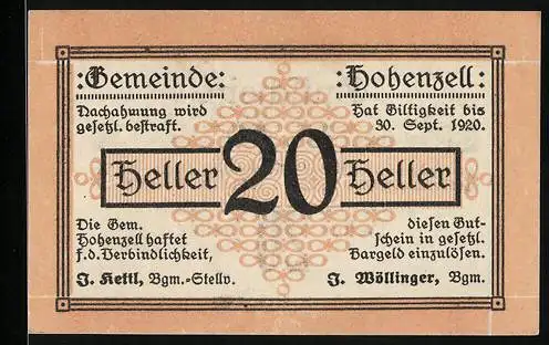 Notgeld Hohenzell 1920, 20 Heller, Textgestaltung mit floralen Ornamenten