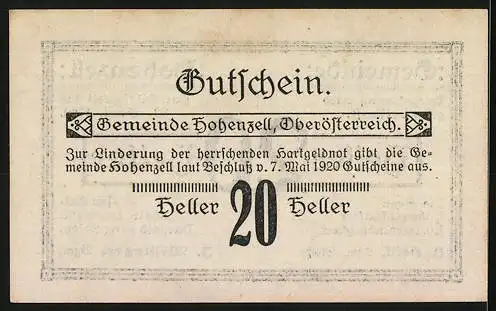 Notgeld Hohenzell 1920, 20 Heller, Textgestaltung mit floralen Ornamenten