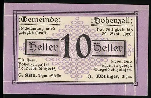 Notgeld Hohenzell 1920, 10 Heller, violetter Rand, Gültigkeitstext, dekoratives Muster