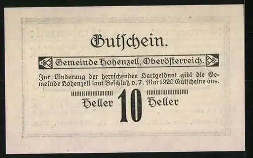 Notgeld Hohenzell 1920, 10 Heller, violetter Rand, Gültigkeitstext, dekoratives Muster