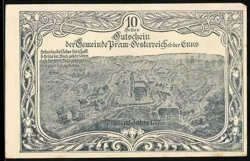 Notgeld Enns 1920, 10 Heller, Stadtansicht und dekorative Umrandung