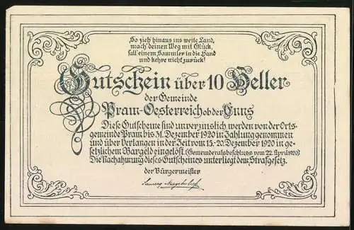 Notgeld Enns 1920, 10 Heller, Stadtansicht und dekorative Umrandung