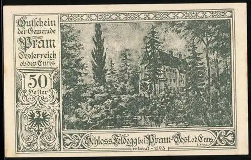 Notgeld Pram 1920, 50 Heller, Schloss Feldegg, Wappen, Landschaftsansicht, Text mit Gültigkeitshinweis