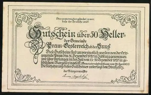 Notgeld Pram 1920, 50 Heller, Schloss Feldegg, Wappen, Landschaftsansicht, Text mit Gültigkeitshinweis