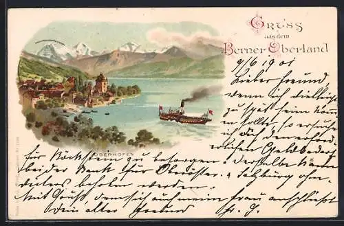 Lithographie Oberhofen /Berner Oberland, Teilansicht mit Bergen