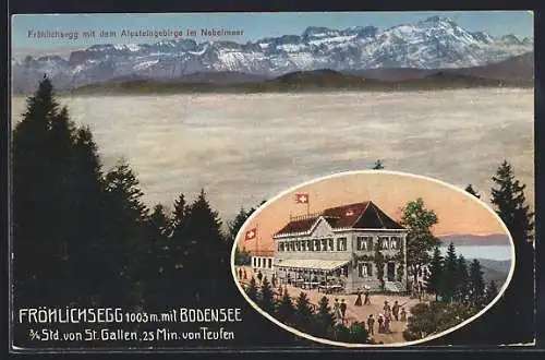 AK Teufen /AR, Gasthaus Fröhlichsegg, Totalansicht mit dem Alpensteingebirge im Nebelmeer