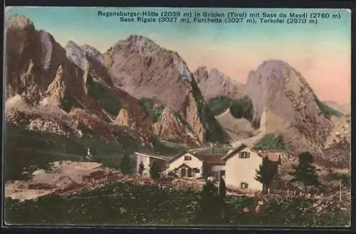 AK Regensburger-Hütte in Gröden mit Sass da Mesdi, Sass Rigais, Furchetta und Torkofel