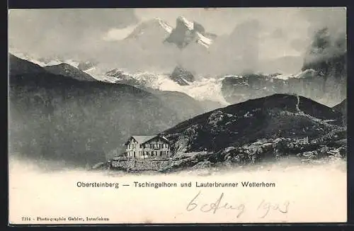 AK Lauterbrunnen, Obersteinberg, Berghütte mit Tschingelhorn und Lauterbrunner Wetterhorn