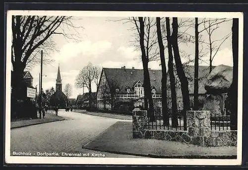 AK Buchholz / Nordheide, Dorfpartie, Ehrenmal mit Kirche