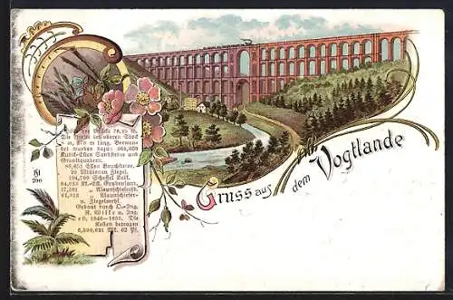 Lithographie Reichenbach / Vogtland, Göltzschtalbrücke, Eisenbahn, Blumen