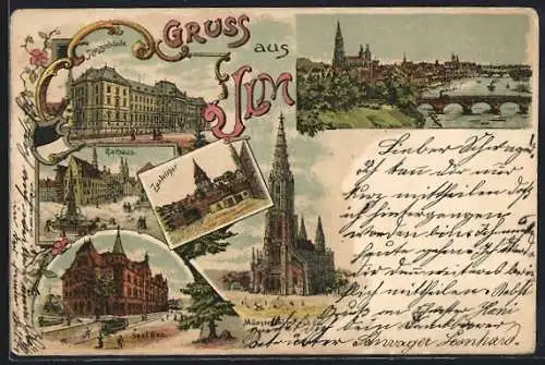 Lithographie Ulm / Donau, Rathaus, Zundelthor, Justizgebäude, Saal Bau