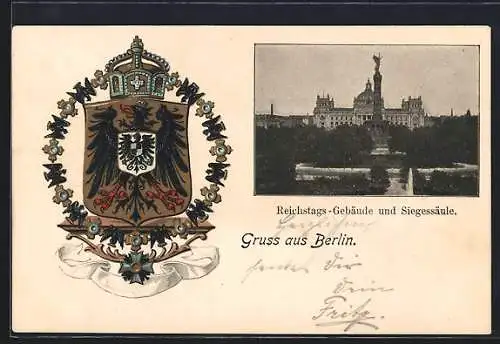 AK Berlin, Reichstags-Gebäude und Siegessäule, Wappen
