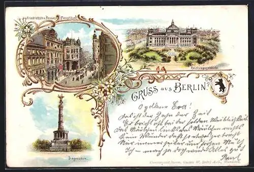 Lithographie Berlin, Reichstagsgebäude, Friedrichstrasse und Passage Panoptikum, Siegessäule