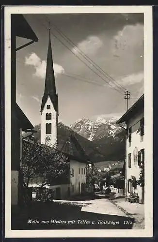 AK Mieders, Kirchturm mit Blick auf Telfes und Kalkkögel