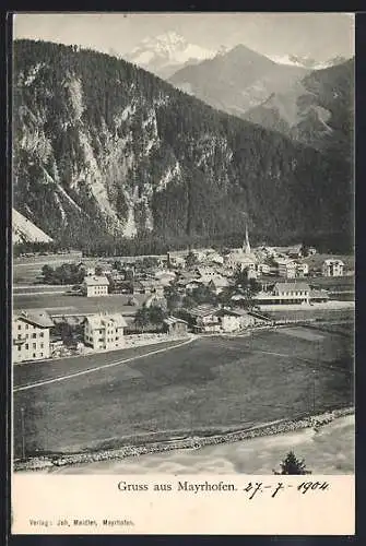 AK Mayrhofen, Ortspanorama mit Bergen