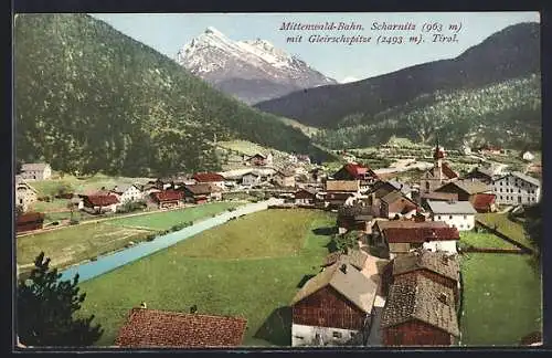 AK Mittenwald, Fernansicht mit Scharnitz und Gleirschspitze