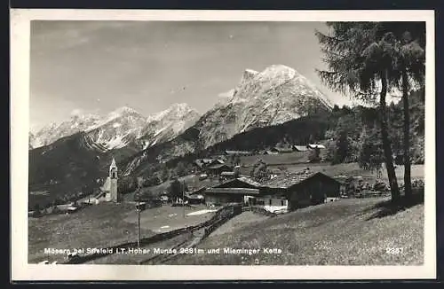 AK Mösern bei Seefeld, Ortsansicht mit Hoher Munde und Mieminger Kette