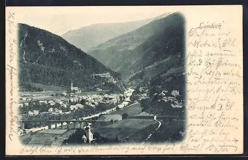 AK Landeck, Ortsansicht mit Viadukt aus der Vogelschau