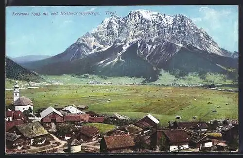 AK Lermoos, Ortspartie mit Kirche und Wettersteingebirge