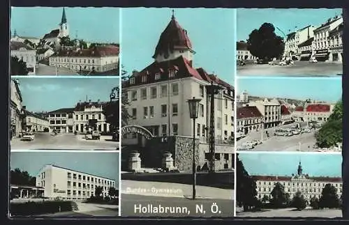 AK Hollabrunn /N.-Ö., Bundes-Gymnasium, Strassenpartien mit Geschäften