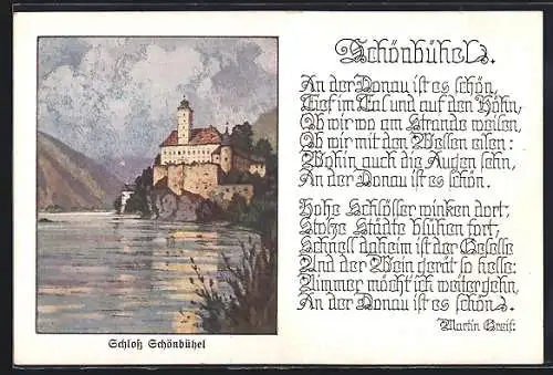 Künstler-AK Schönbühel, Blick auf das Schloss, Gedicht von Martin Greif