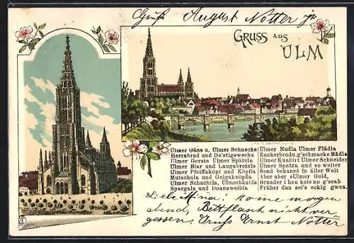 Lithographie Ulm / Donau, Münster im Stadtbild, Gedicht