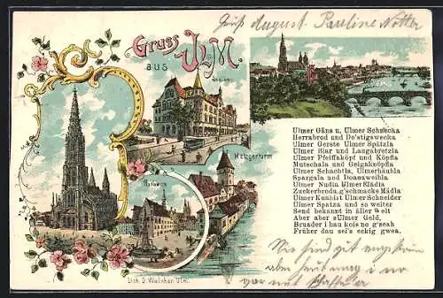 Lithographie Ulm / Donau, Rathaus, Metzgerturm, Saalbau, Münster, Gedicht