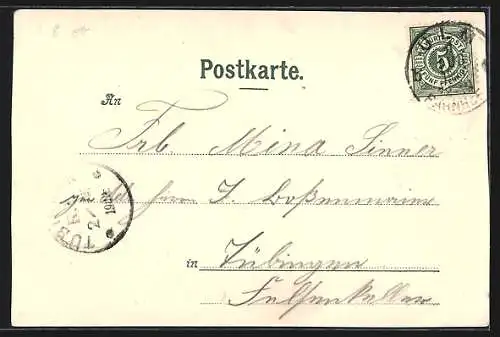 Lithographie Ulm / Donau, Rathaus, Metzgerturm, Saalbau, Münster, Gedicht