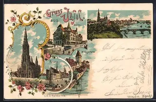 Lithographie Ulm / Donau, Totalansicht, Münster, Saalbau, Rathaus, Metzgerturm, Rosafarbene Blumen, um 1900