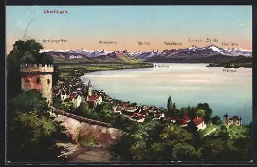 AK Überlingen / Bodensee, Ortsansicht mit Wehrturm, Bodensee mit Mainau und Bergpanorama