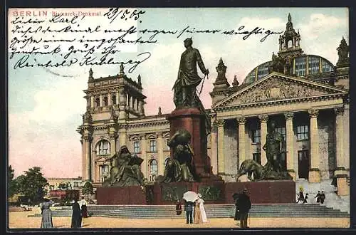 AK Berlin, Bismarckdenkmal mit Passanten vor Reichstag