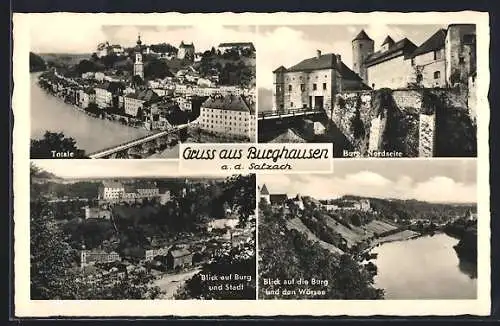 AK Burghausen / Salzach, Totalansicht, Burg, Blick auf Burg und Stadt