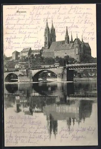 AK Meissen / Elbe, Brücke und Stadtpanorama vom Wasser aus