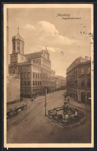 AK Augsburg, Augustusbrunnen mit Strassenpartie