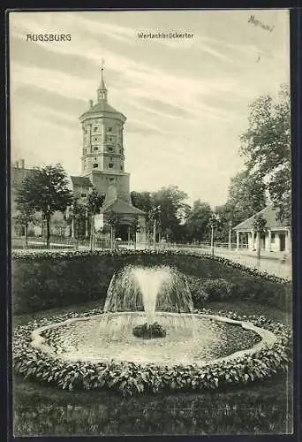 AK Augsburg, Wertachbrückentor mit Springbrunnen