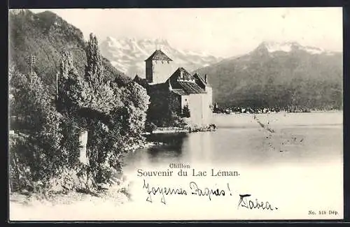 AK Chillon, Ortspartie mit Lac Lèman und Bergpanorama