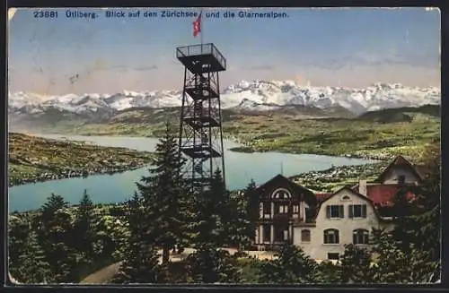 AK Uetliberg, Blick auf den Zürichsee und die Glarneralpen