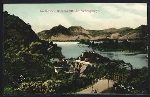 AK Rolandseck, Ortsansicht mit Nonnenwerth und Siebengebirge