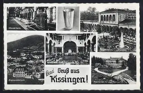 AK Kissingen, Kurgarten, Wandelhalle, Rhönsanatrium, Regentenbau mit städt. Rosengarten