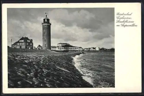 AK Cuxhaven, Leuchtturm mit Seepavillon